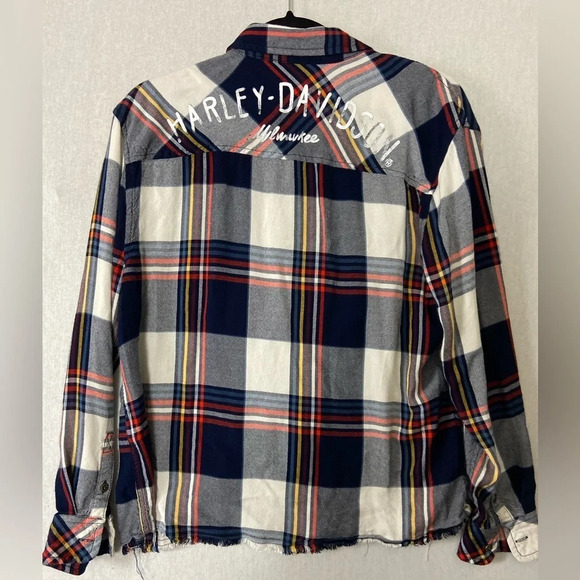 Harley Davidson black red white plaid raw hem button Shirt Sz L - Picture 2 of 11